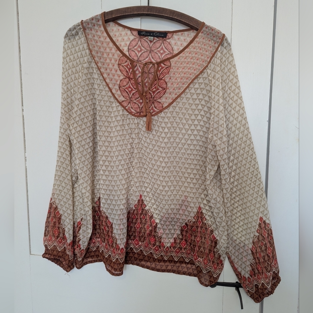 Rose+Olive L Top Geometric Patterned Cream Orange Boho Festival Granola sheer